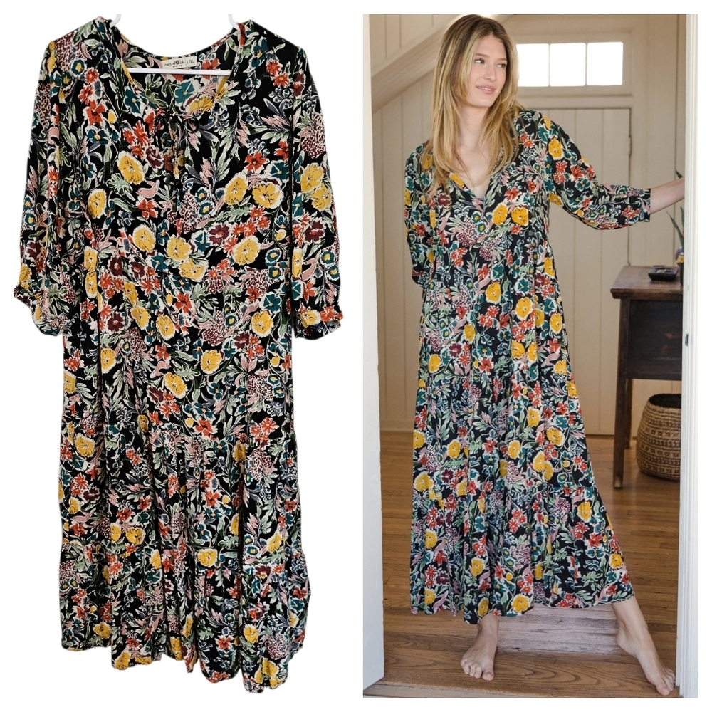 Natural Life L/XL Sage Vneck Maxi Tiered Floral Tassel Tropical Garden Rose Prin